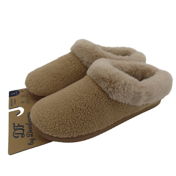 Dearfoams Women Large 9-10 Beige Fuzzy Memory Foam Indoor Outdoor Slippers NEW - Picture 1 of 14